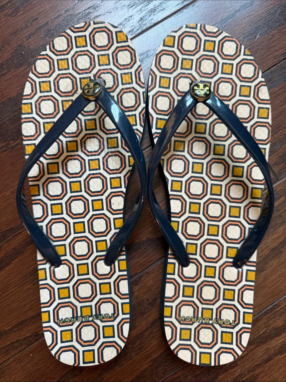 Tory Burch Navy Strap Geometric Print Flip Flops